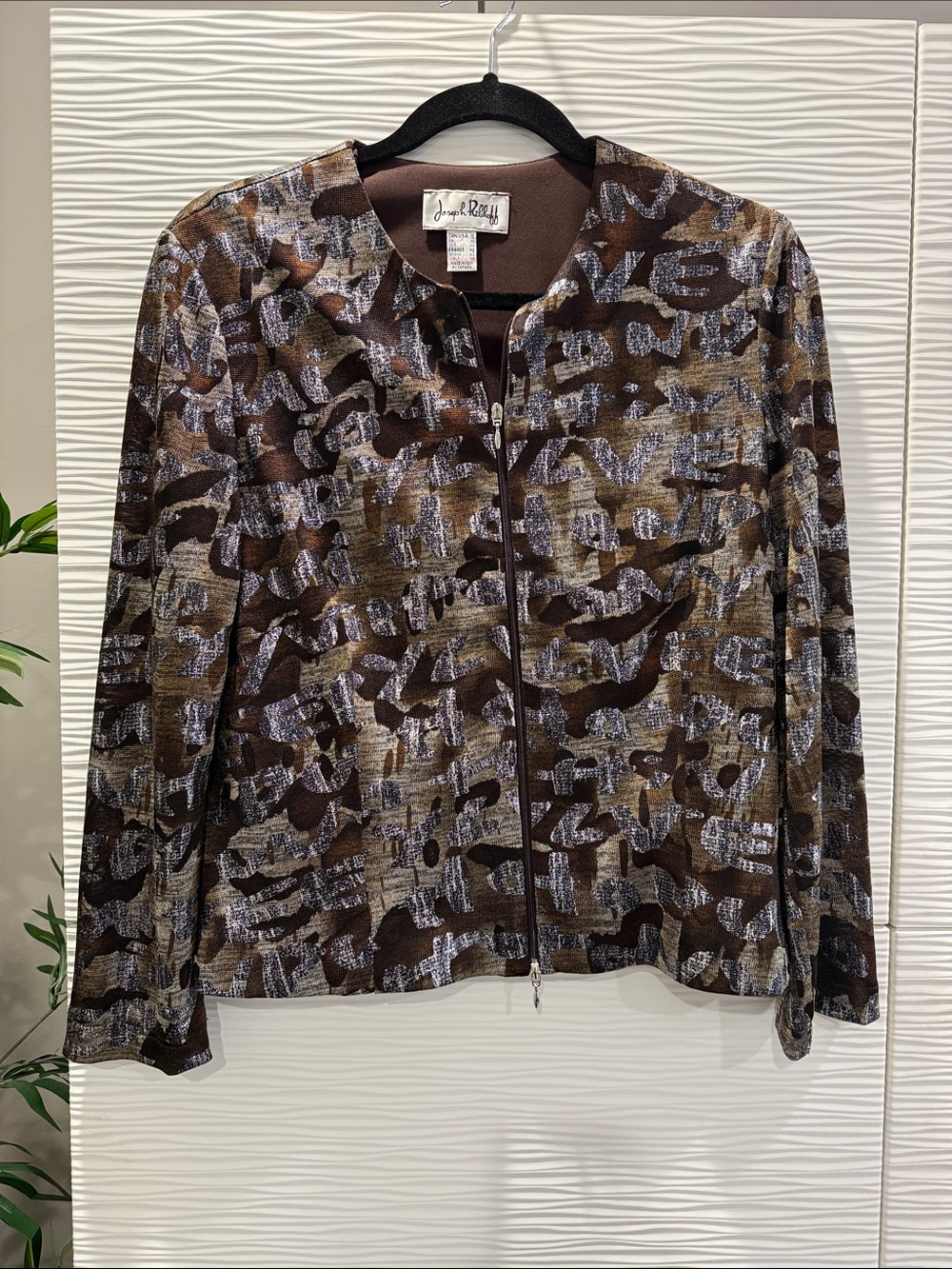 Joseph Ribkoff Brown & Gray Abstract Zip Blazer